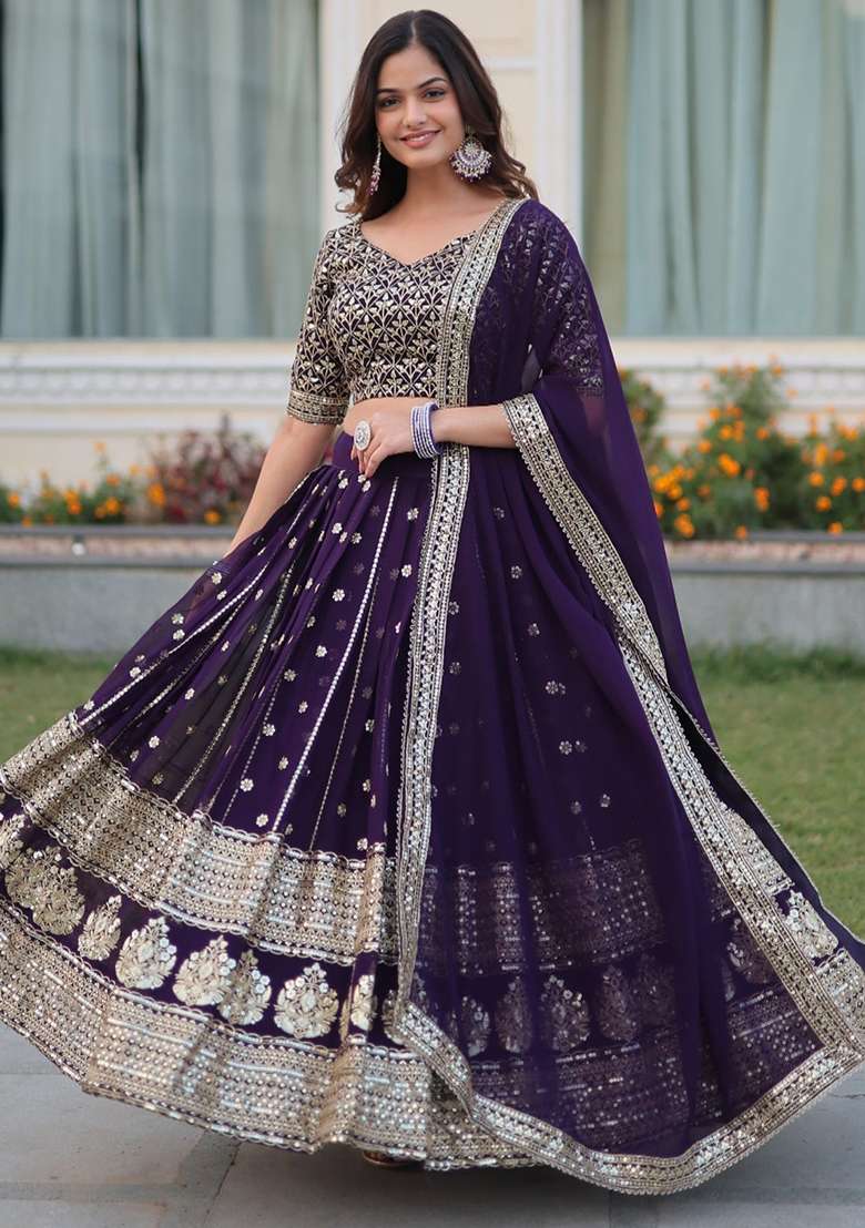 Purple With Dupatta Georgette Lehenga Set with Embroidered for Diwali | Wedding & Festive Wear - Indya