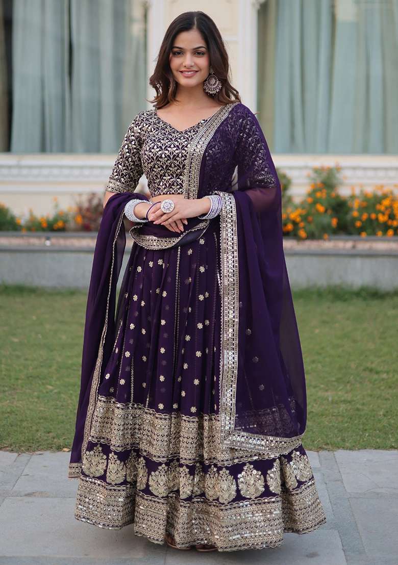 Purple With Dupatta Georgette Lehenga Set with Embroidered for Diwali | Wedding & Festive Wear - Indya