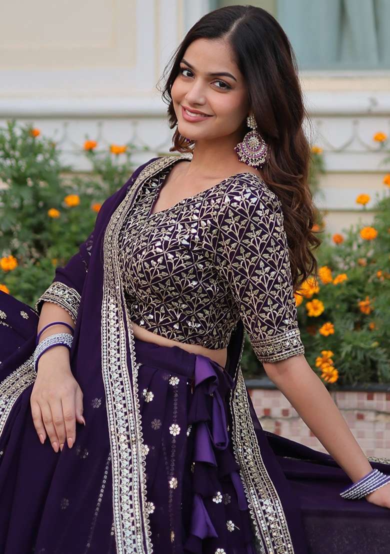 Purple With Dupatta Georgette Lehenga Set with Embroidered for Diwali | Wedding & Festive Wear - Indya