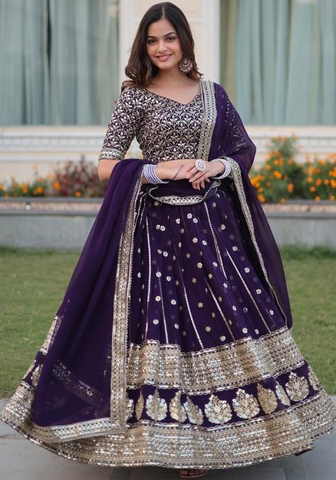 Purple Embroidered Georgette Lehenga Set With Dupatta