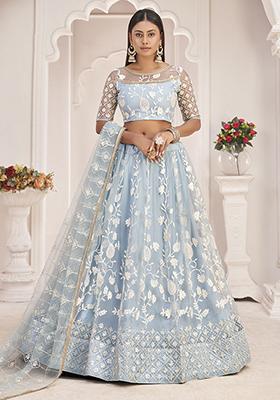 Blue Thread Embroidered Butterfly Net Lehenga Set
