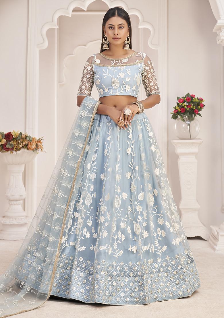 Blue Thread Embroidered Butterfly Net Lehenga Set
