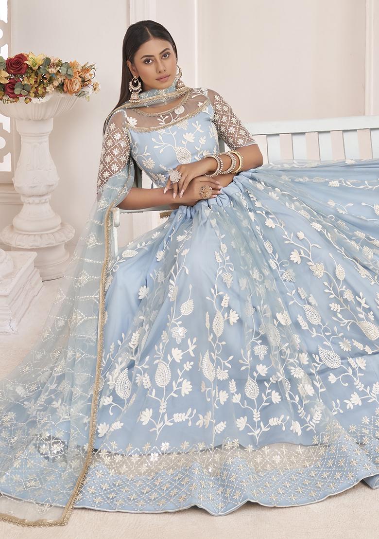 Blue Thread Embroidered Butterfly Net Lehenga Set