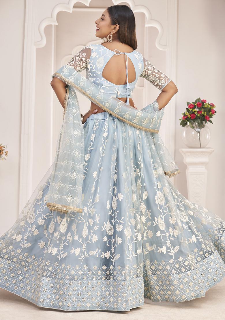 Blue Thread Embroidered Butterfly Net Lehenga Set - Indya