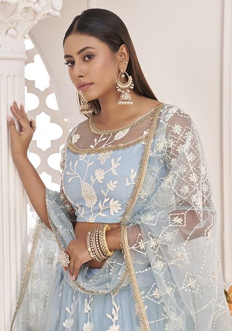 Blue Thread Embroidered Butterfly Net Lehenga Set