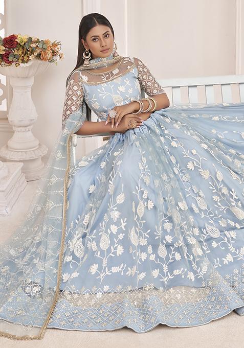 Blue Thread Embroidered Butterfly Net Lehenga Set