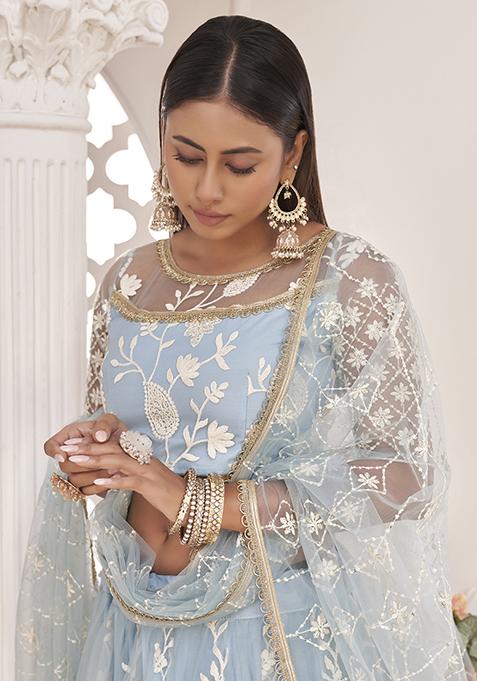 Blue Thread Embroidered Butterfly Net Lehenga Set