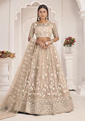 Dusty Chiku Brown Thread Embroidered Butterfly Net Lehenga Set