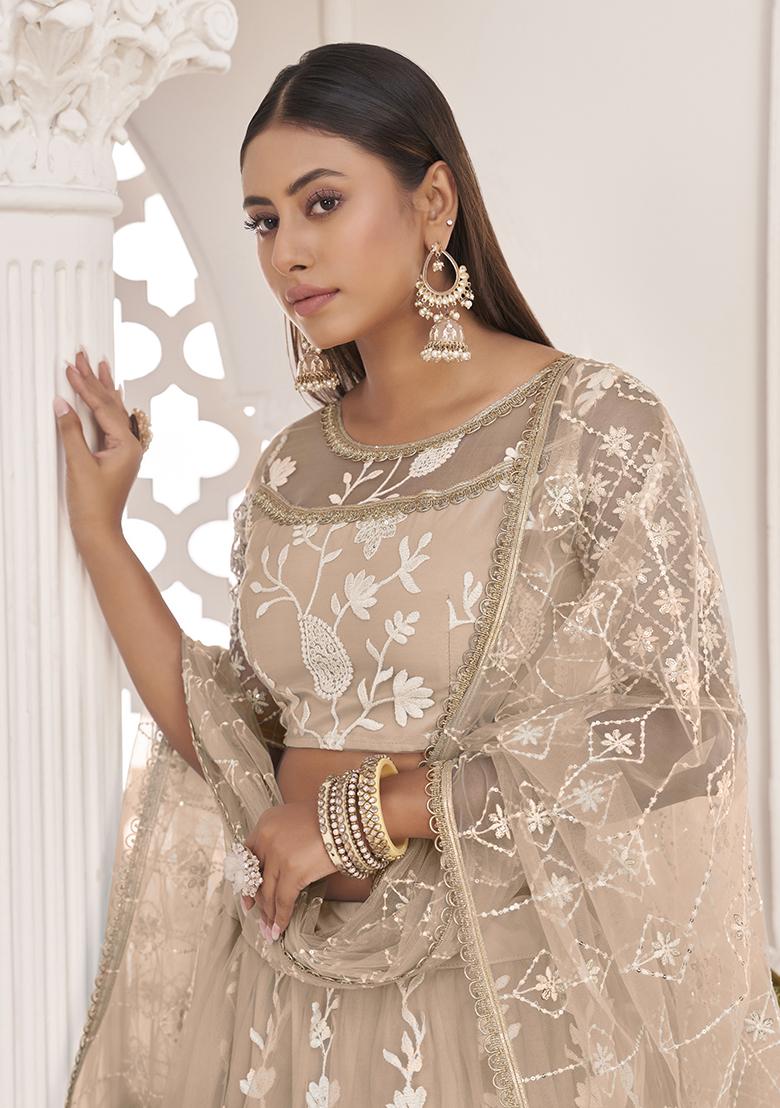 Dusty Chiku Brown Thread Embroidered Butterfly Net Lehenga Set - Indya