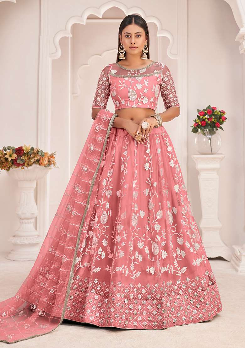 Peach Thread Butterfly Net Lehenga Set with Embroidered for Diwali | Wedding & Festive Wear - Indya