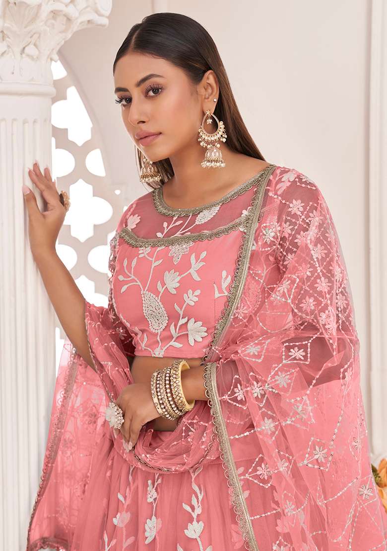 Peach Thread Butterfly Net Lehenga Set with Embroidered for Diwali | Wedding & Festive Wear - Indya