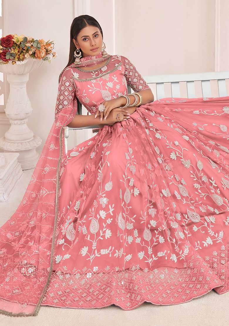 Peach Thread Butterfly Net Lehenga Set with Embroidered for Diwali | Wedding & Festive Wear - Indya