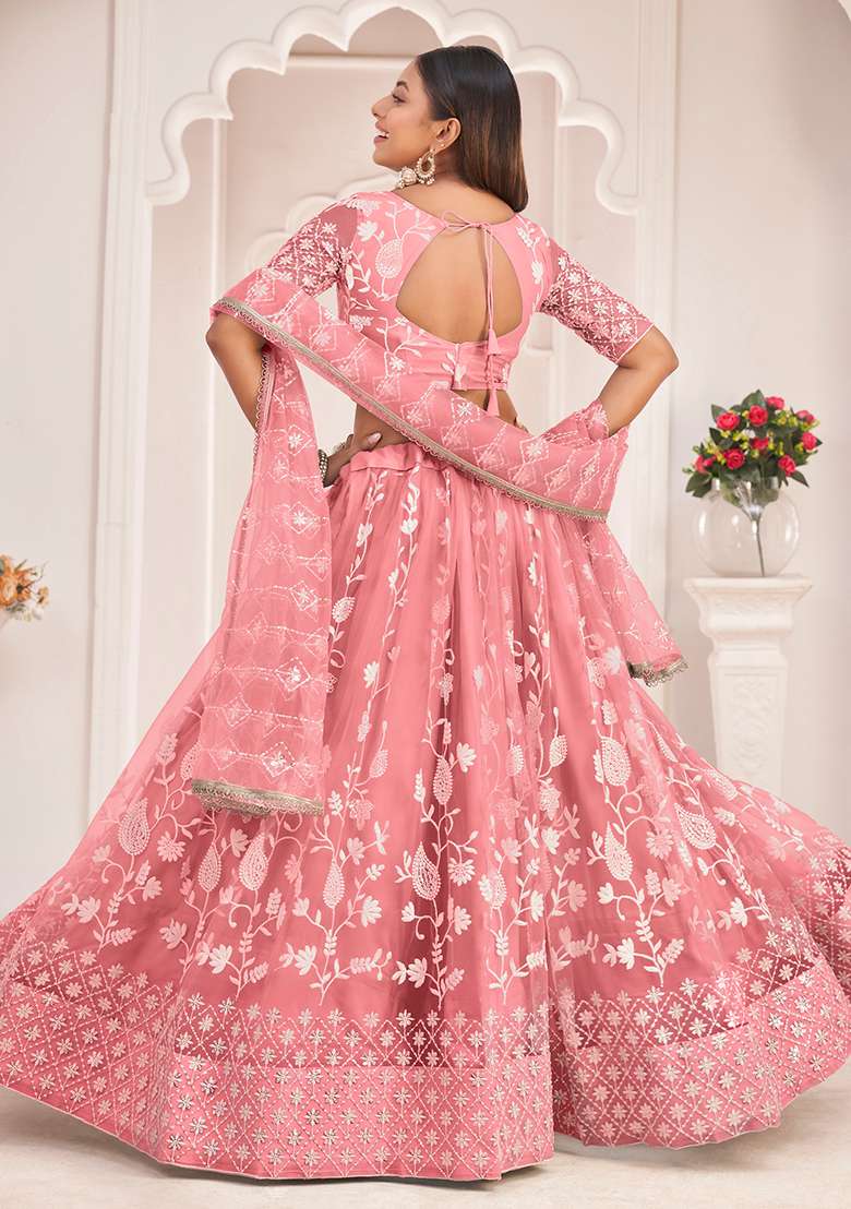 Peach Thread Butterfly Net Lehenga Set with Embroidered for Diwali | Wedding & Festive Wear - Indya