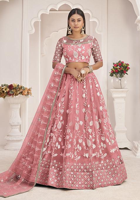 Peach Thread Embroidered Butterfly Net Lehenga Set