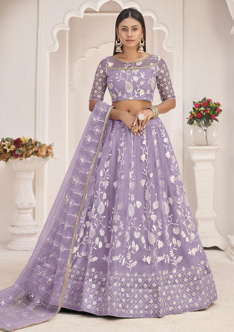 Light Purple Thread Embroidered Butterfly Net Lehenga Set