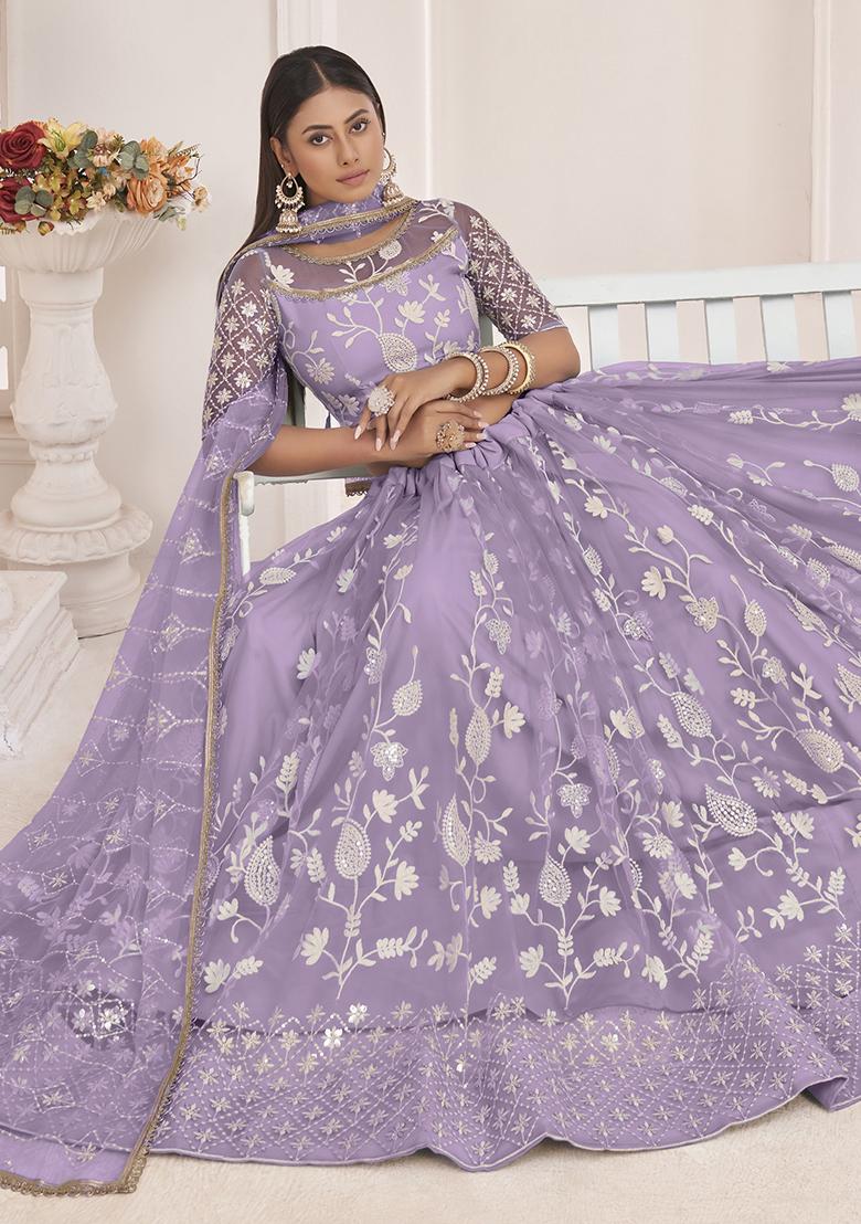 Light Purple Thread Embroidered Butterfly Net Lehenga Set