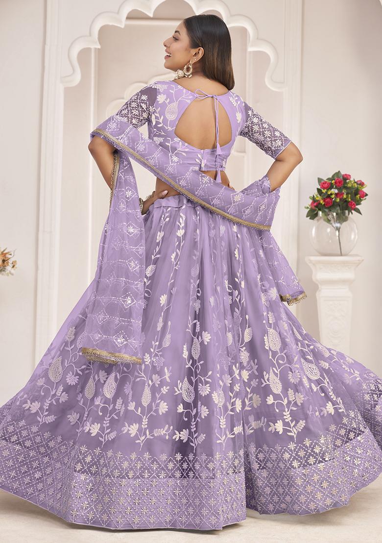 Light Purple Thread Embroidered Butterfly Net Lehenga Set - Indya