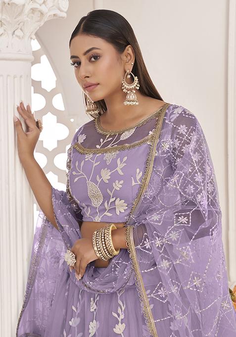 Light Purple Thread Embroidered Butterfly Net Lehenga Set