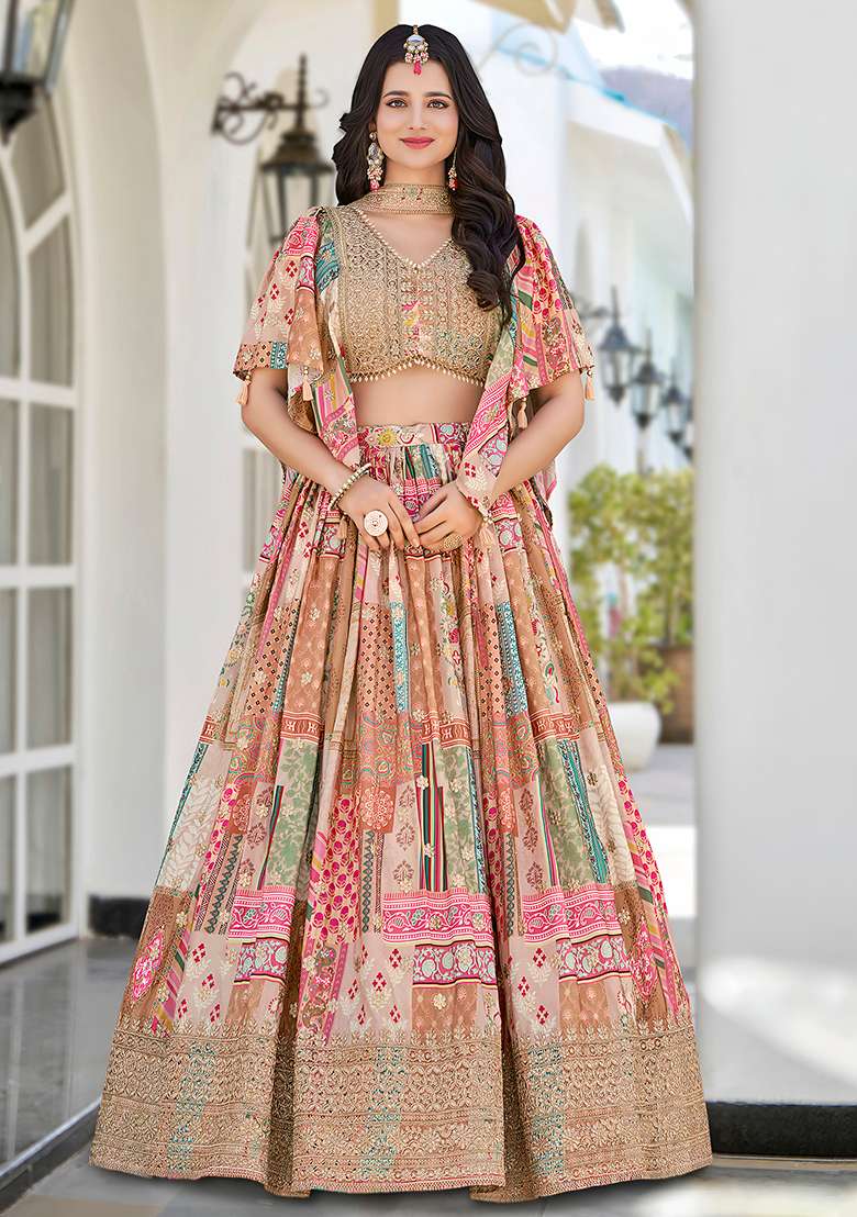 Beige Embroidered Silk Blend Lehenga Set With Dupatta for Diwali and Festive Wear - Indya