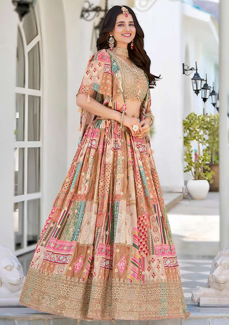 Beige Embroidered Silk Blend Lehenga Set With Dupatta for Diwali and Festive Wear - Indya