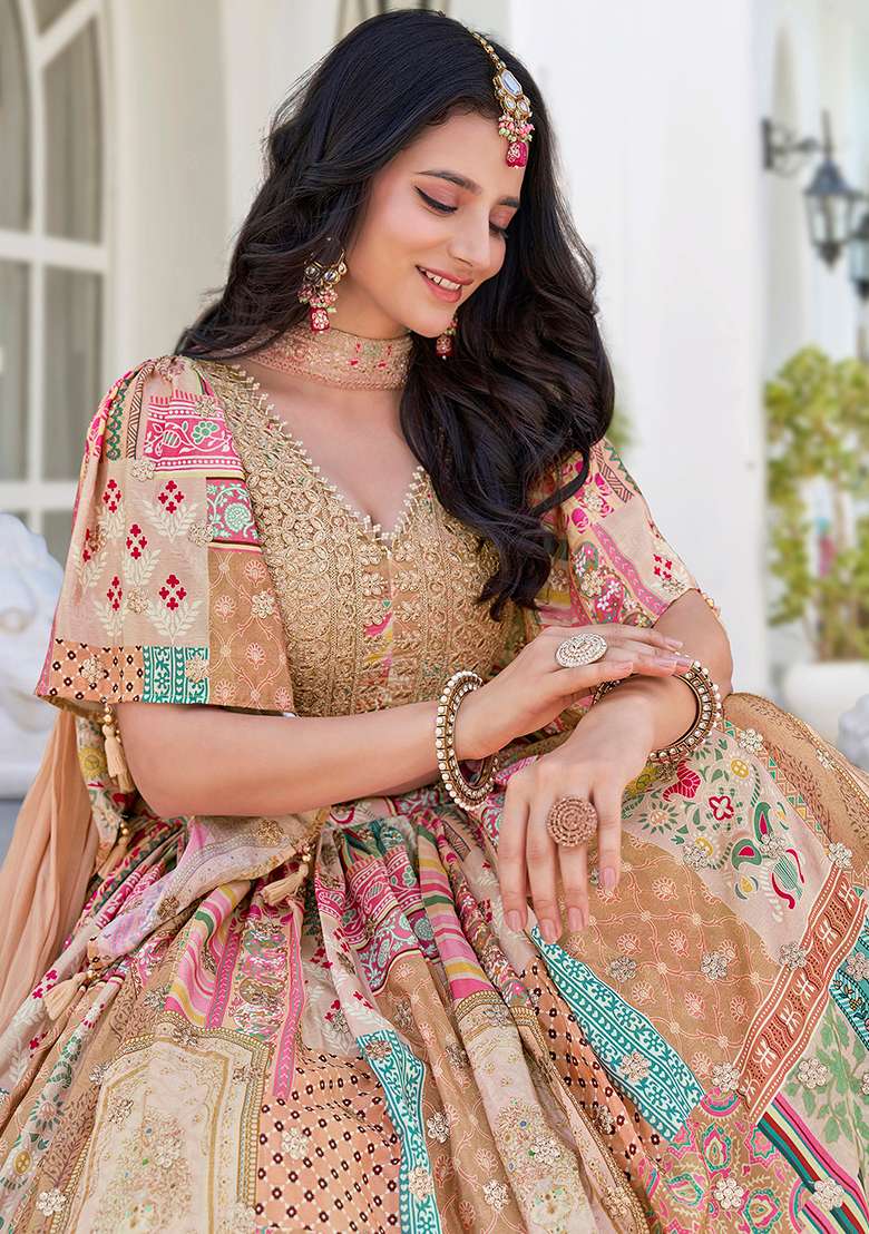 Beige Embroidered Silk Blend Lehenga Set With Dupatta for Diwali and Festive Wear - Indya