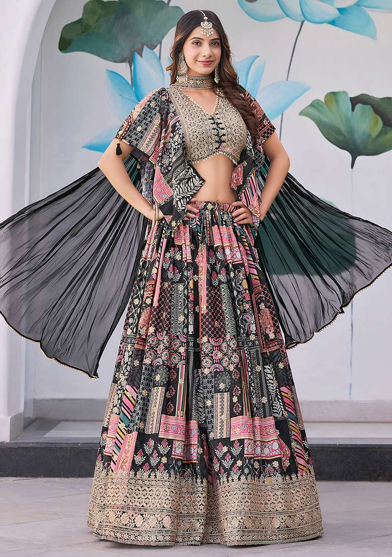 Black With Dupatta Silk Blend Lehenga Set with Embroidered for Diwali | Wedding & Festive Wear - Indya