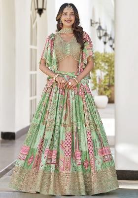 Green Embroidered Silk Lehenga Set With Dupatta