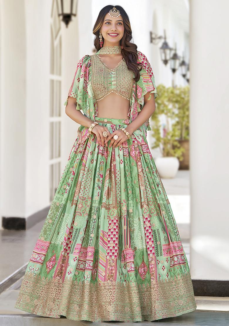 Green Embroidered Silk Lehenga Set With Dupatta