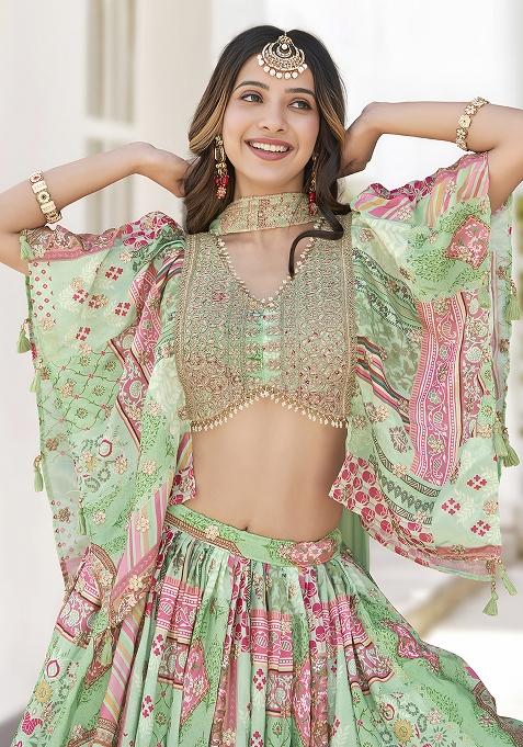 Green Embroidered Silk Lehenga Set With Dupatta