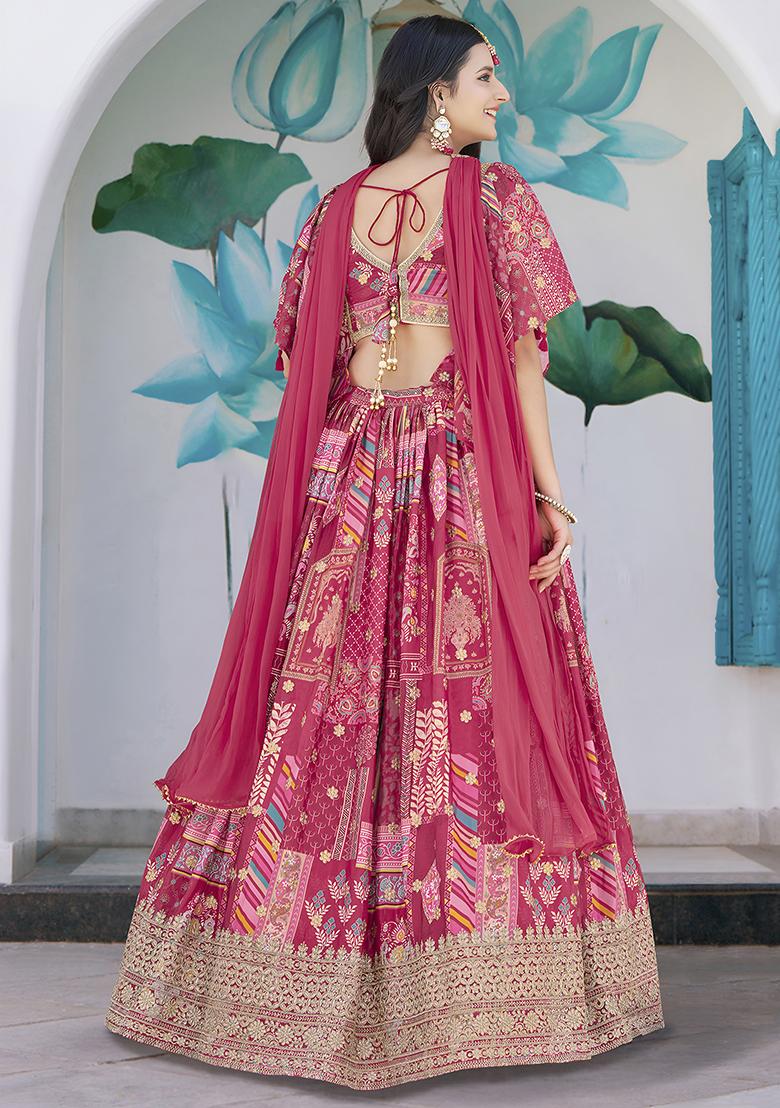 Pink Embroidered Silk Lehenga Set With Dupatta