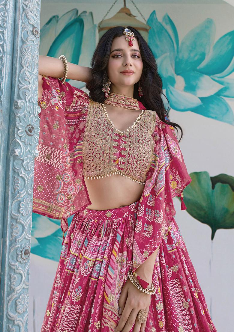 Pink Embroidered Silk Lehenga Set With Dupatta