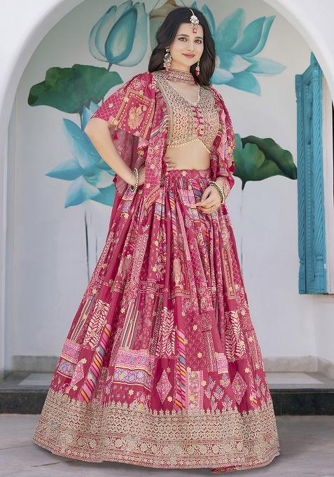 Pink Embroidered Silk Lehenga Set With Dupatta
