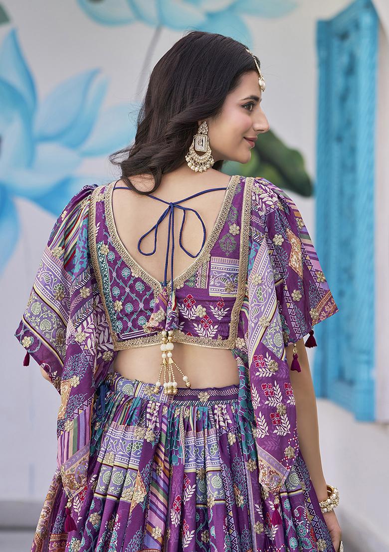Purple Embroidered Silk Lehenga Set With Dupatta - Indya