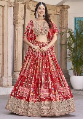 Red Embroidered Silk Lehenga Set With Dupatta