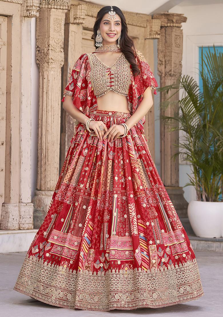 Red Embroidered Silk Lehenga Set With Dupatta