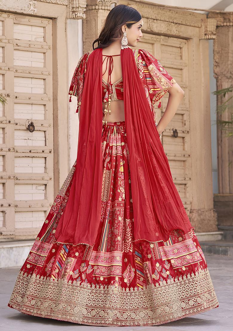Red Embroidered Silk Lehenga Set With Dupatta