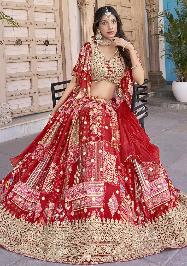Red Embroidered Silk Lehenga Set With Dupatta