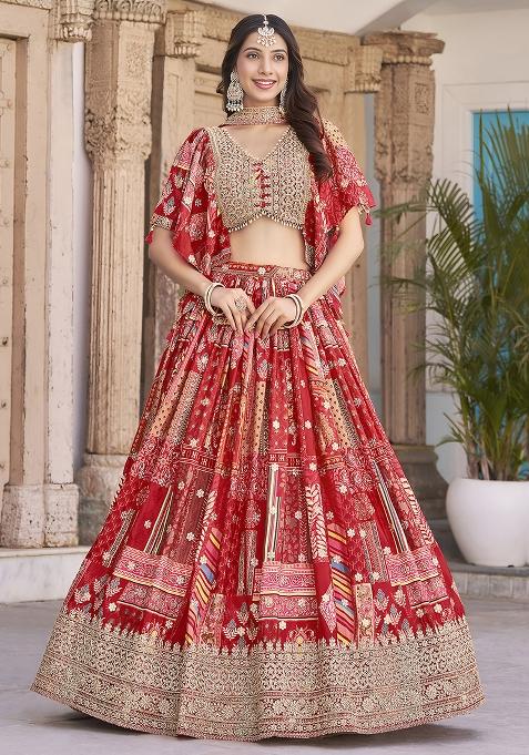 Red Embroidered Silk Lehenga Set With Dupatta