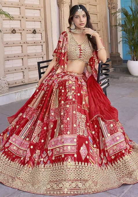Red Embroidered Silk Lehenga Set With Dupatta