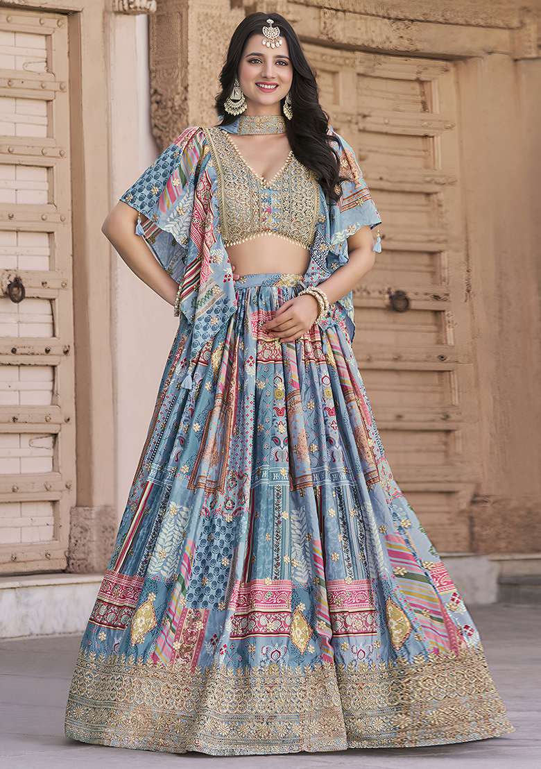 Sky Blue Embroidered Silk Blend Lehenga Set With Dupatta for Diwali and Festive Wear - Indya