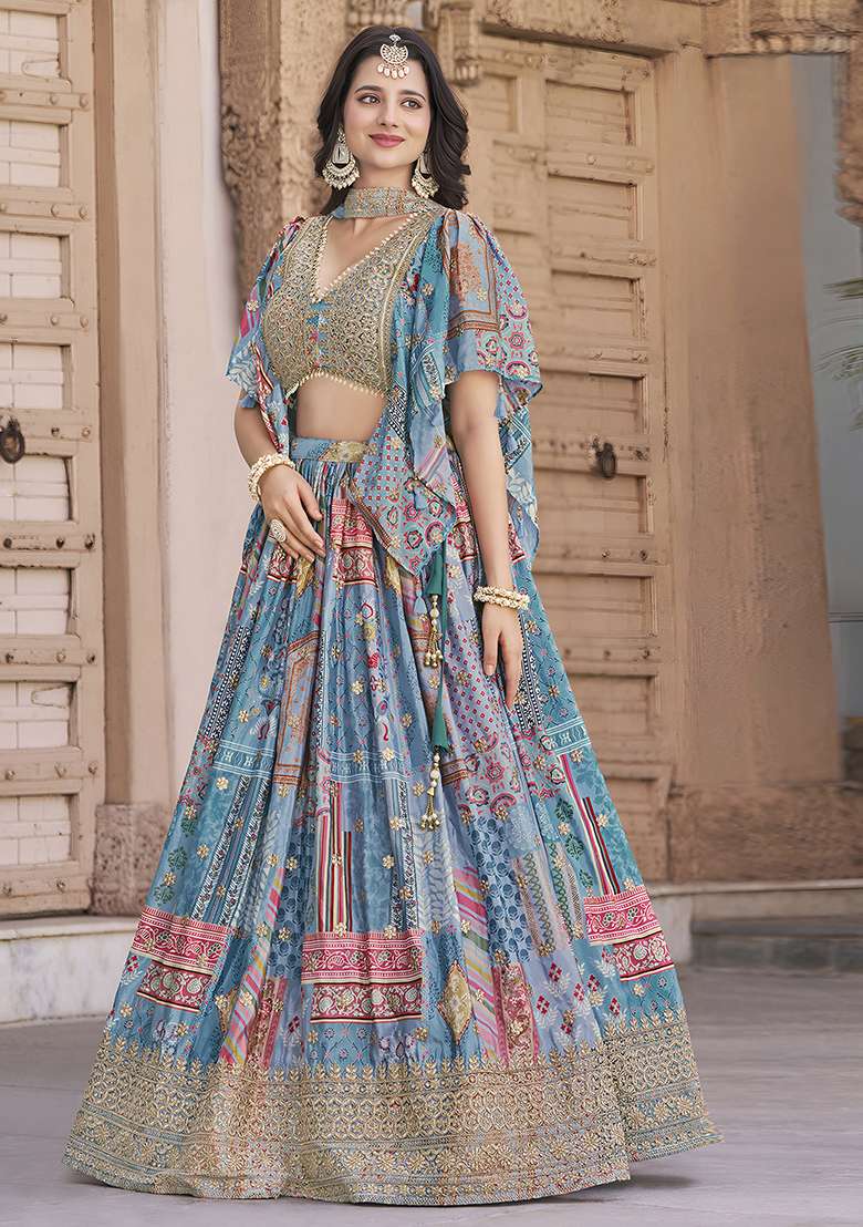 Sky Blue Embroidered Silk Blend Lehenga Set With Dupatta for Diwali and Festive Wear - Indya