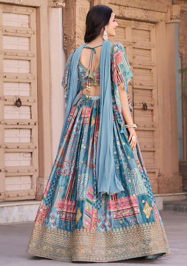 Sky Blue Embroidered Silk Blend Lehenga Set With Dupatta for Diwali and Festive Wear - Indya