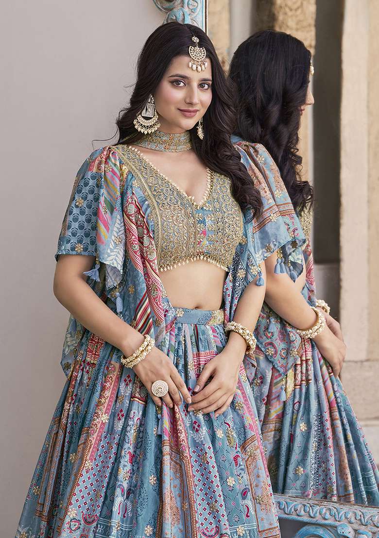 Sky Blue Embroidered Silk Blend Lehenga Set With Dupatta for Diwali and Festive Wear - Indya