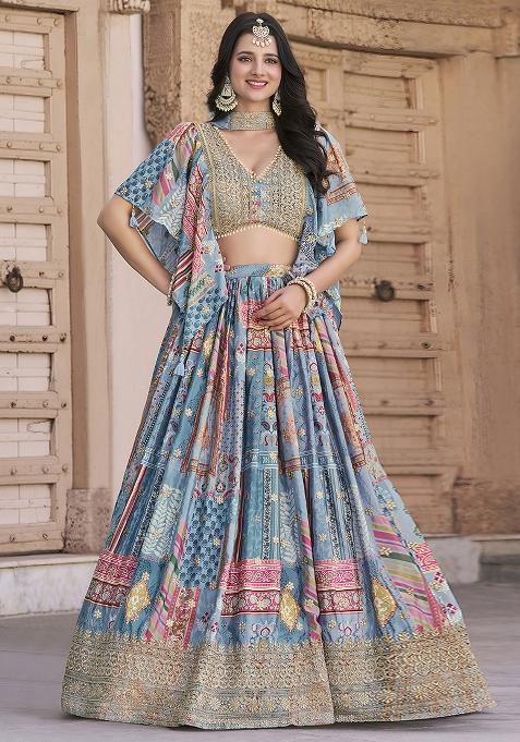 Sky Blue Embroidered Silk Lehenga Set With Dupatta