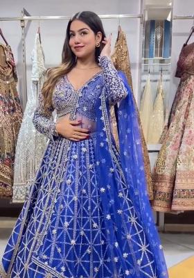 Blue Sequence Embroidered Chinon Lehenga Set With Dupatta