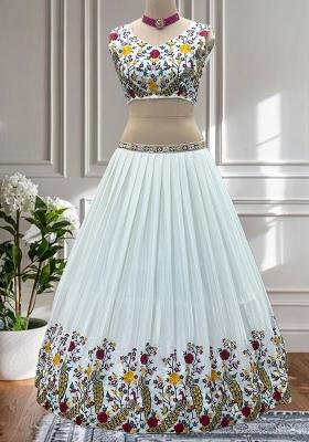 White Sequence Embroidered Chinon Lehenga Set With Dupatta