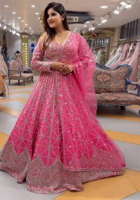 Pink Sequence Embroidered Chinon Lehenga Set With Dupatta