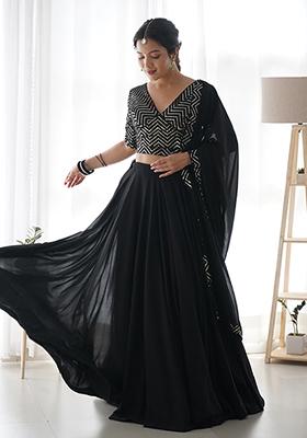 Black Embroidered Faux Georgette Lehenga Set