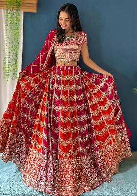 Rani Pink And Orange Sequence Embroidered Georgette Lehenga Set With Dupatta