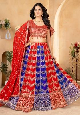 Navy Blue And Orange Sequence Embroidered Georgette Lehenga Set With Dupatta